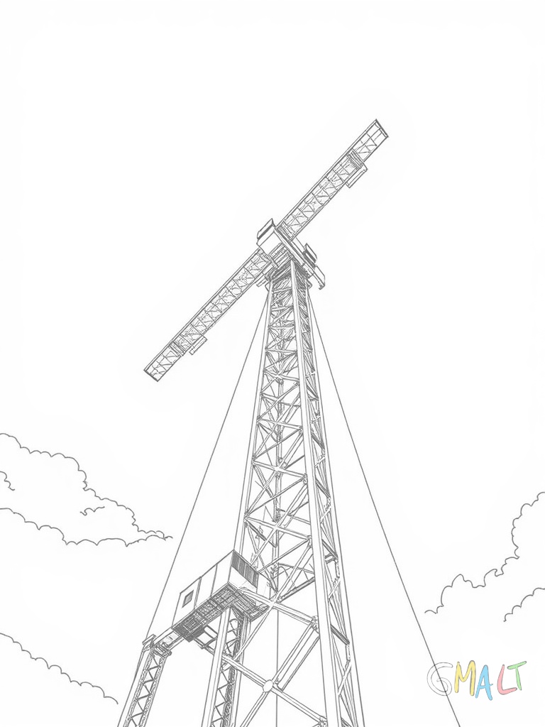 Ein Turmdrehkran ragt hoch in den Himmel. Die Gegengewichte sind deutlich zu sehen und der lange Ausleger trägt eine Palette Baumaterial. Eine Leiter führt zur Krankabine hinauf.