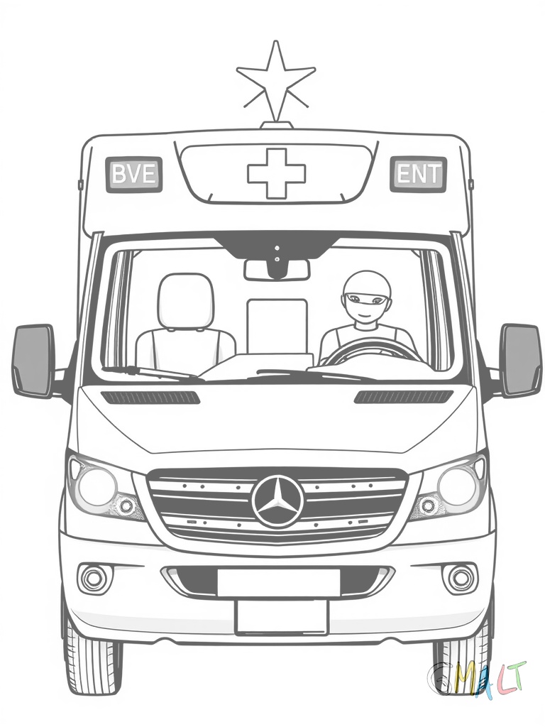 Frontansicht eines Krankenwagens mit großem Stern des Lebens auf der Motorhaube. Das Blaulicht ist eingeschaltet und die breite Windschutzscheibe zeigt zwei Sanitäter am Steuer.