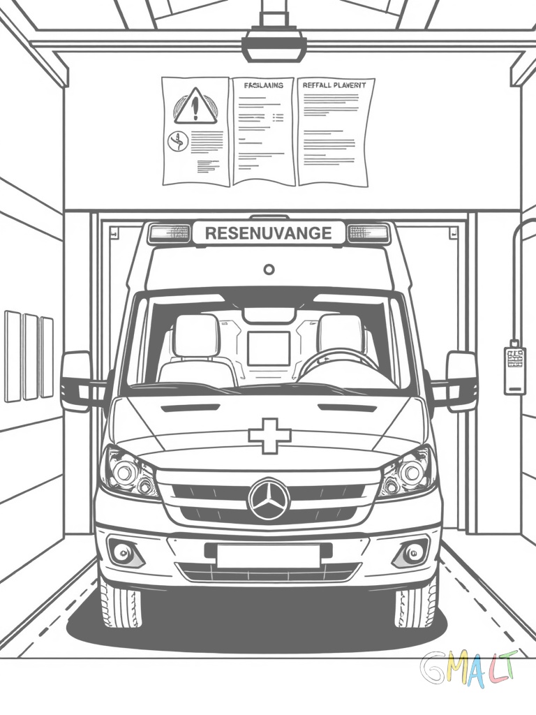 Ein Krankenwagen steht in einer Garage der Rettungswache. Die Türen sind geschlossen und das Fahrzeug ist einsatzbereit. An der Wand hängen Notfallpläne.