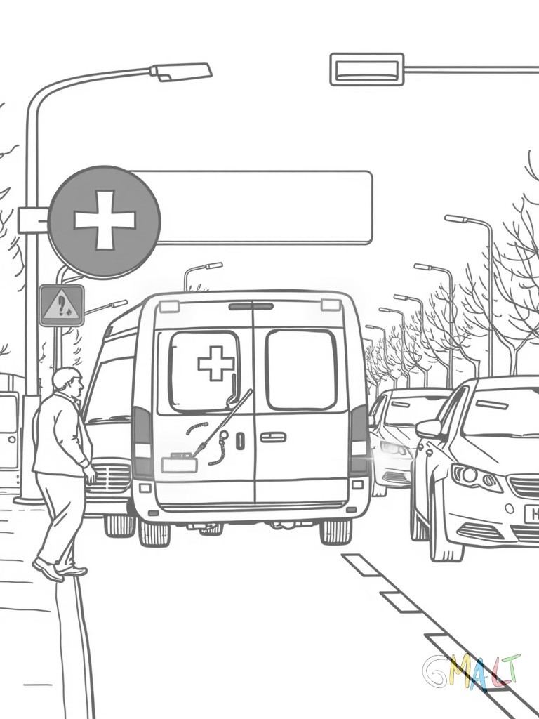 Ein Krankenwagen wartet an einer roten Ampel. Das Blaulicht ist aktiviert und andere Autos machen eine Rettungsgasse frei. Ein Fußgänger zeigt auf das Fahrzeug.