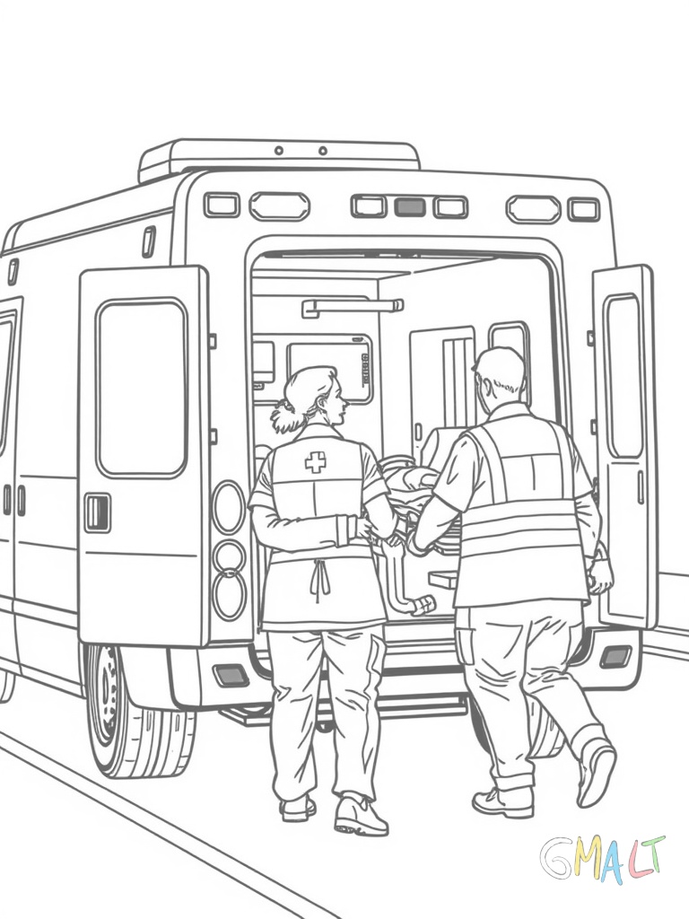 Ein moderner Krankenwagen von der Seite mit geöffneten Hecktüren. Zwei Sanitäter tragen eine Trage mit einem Patienten zum Fahrzeug. Die Warnleuchten auf dem Dach sind gut sichtbar.