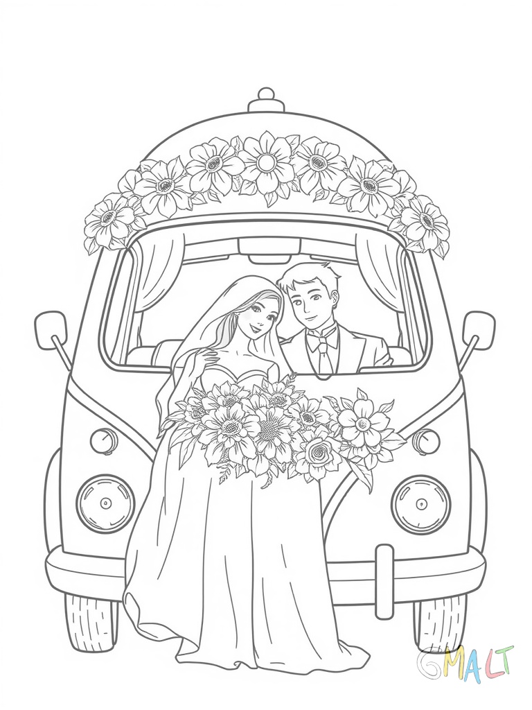 Eine Hochzeitskutsche mit Blumenschmuck und Schleifen. Ein Brautpaar sitzt im Inneren und winkt durch das offene Fenster. Die Kutsche hat geschwungene Linien und ein rundes Dach.