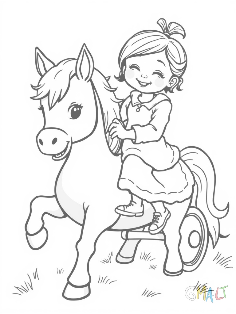 Eine Kinderkutsche im Miniaturformat gezogen von einem Pony. Ein kleines Mädchen mit Schleife im Haar sitzt auf dem Kutschbock und lächelt.
