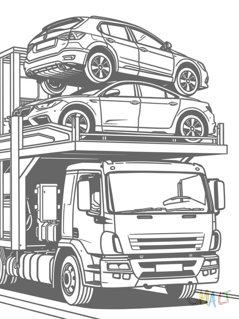 Ein Autotransporter-LKW mit zwei Ebenen. Auf der oberen und unteren Ladefläche sind jeweils zwei Autos festgezurrt. Die Rampe am Heck ist leicht abgesenkt.