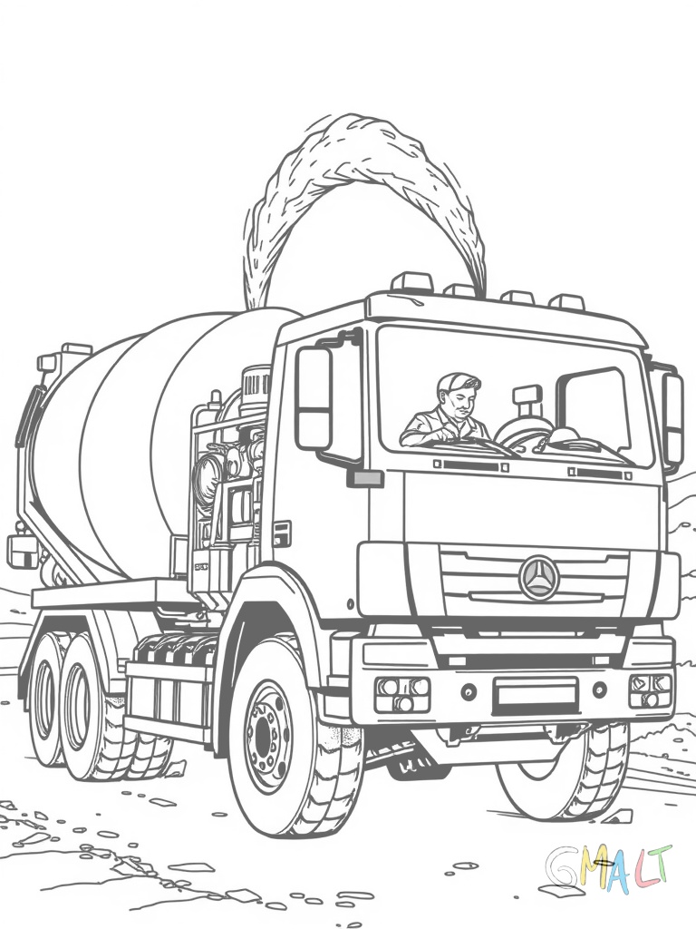 Ein Betonmischer-LKW mit sich drehendem Mischtrommel. Aus der Rutsche am Heck fließt frischer Beton. Der Fahrer steht dabei und beobachtet den Vorgang.