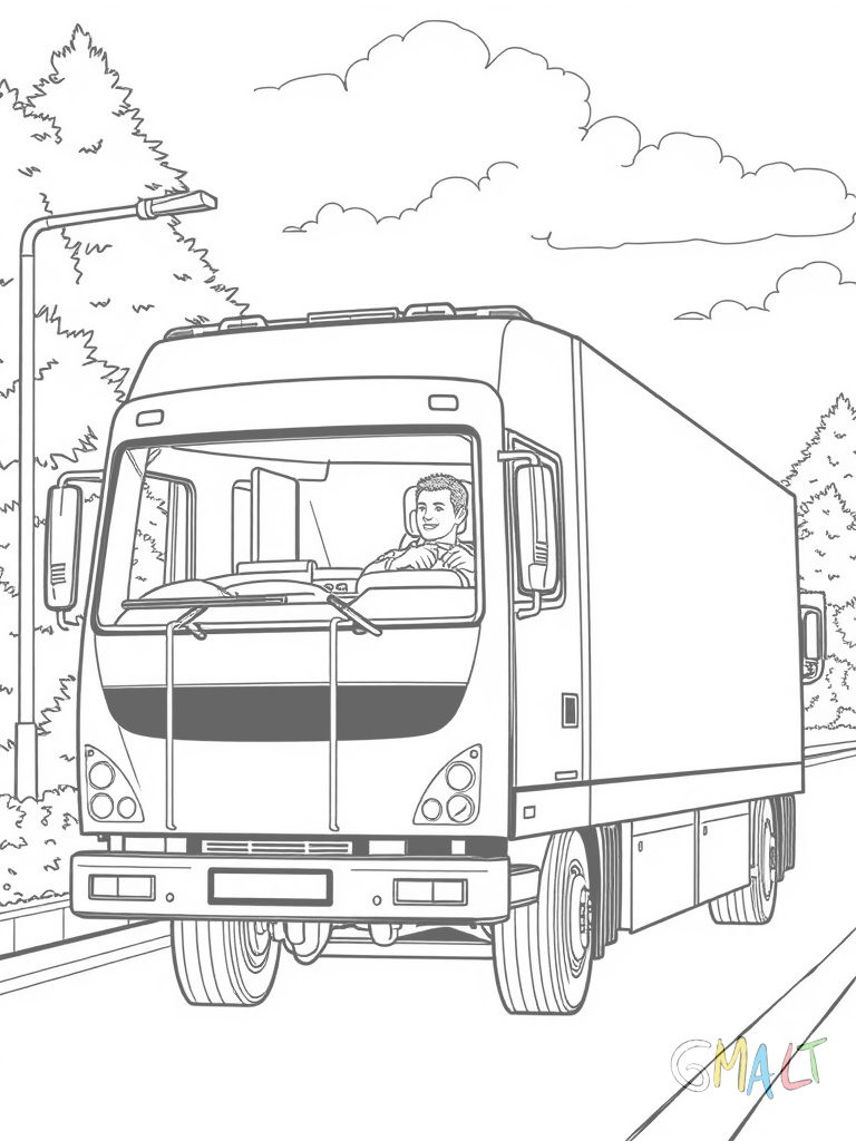 Ein Sattelschlepper beim Rückwärtseinparken. Der lange Auflieger macht einen leichten Knick zum Führerhaus. Der Fahrer schaut konzentriert in den Seitenspiegel.