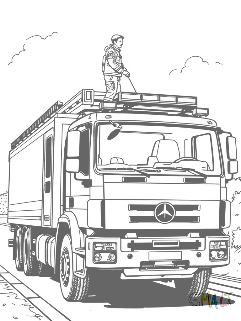Ein Feuerwehr-LKW von der Seite mit ausgefahrener Drehleiter. Auf der Leiter klettert ein Feuerwehrmann nach oben. Die Räder sind groß und deutlich zu sehen.