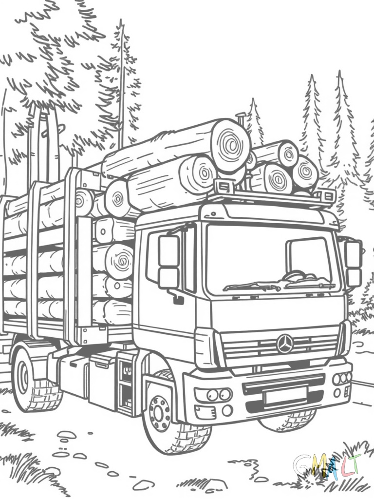 Ein Holztransporter beladen mit großen Baumstämmen. Die Stämme sind mit Ketten gesichert. Der Ladekran am Heck ist ausgeklappt.