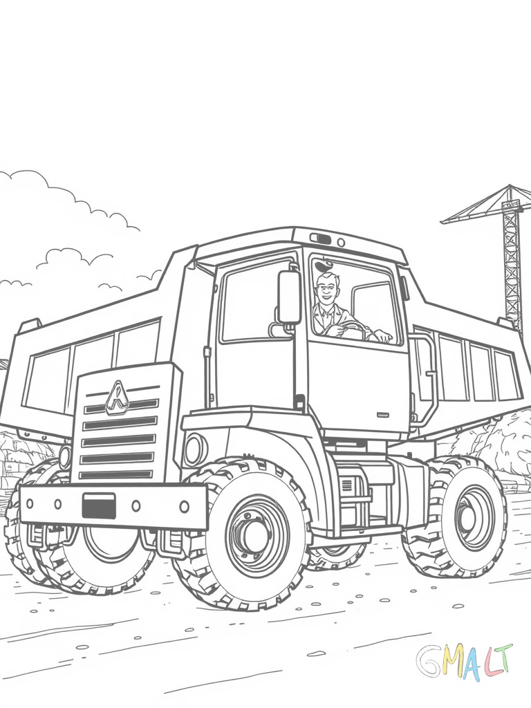 Ein großer Kipper-LKW kippt seine Ladung Sand auf einer Baustelle ab. Die Ladefläche ist nach oben geneigt und kleine Sandkörner rieseln herunter. Im Führerhaus sitzt ein lächelnder Fahrer.
