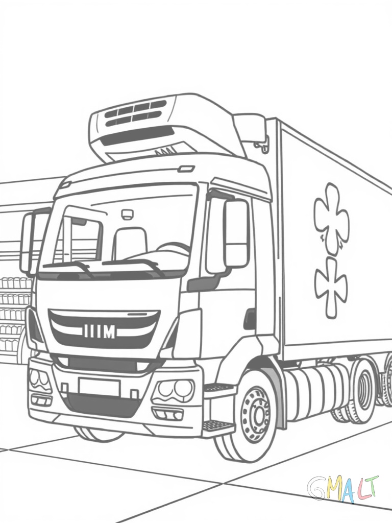 Ein Tiefkühl-LKW mit großem Kühlaufbau steht vor einem Supermarkt. Die Hecktür ist geöffnet und eine Rampe führt nach unten. Auf der Seite ist ein Eiskristall-Symbol.