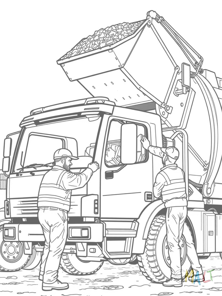 Ein Müllwagen bei der Arbeit. Zwei Müllmänner laden eine Mülltonne in die Hydraulik-Hebevorrichtung am Heck. Die Tonne wird gerade angehoben.