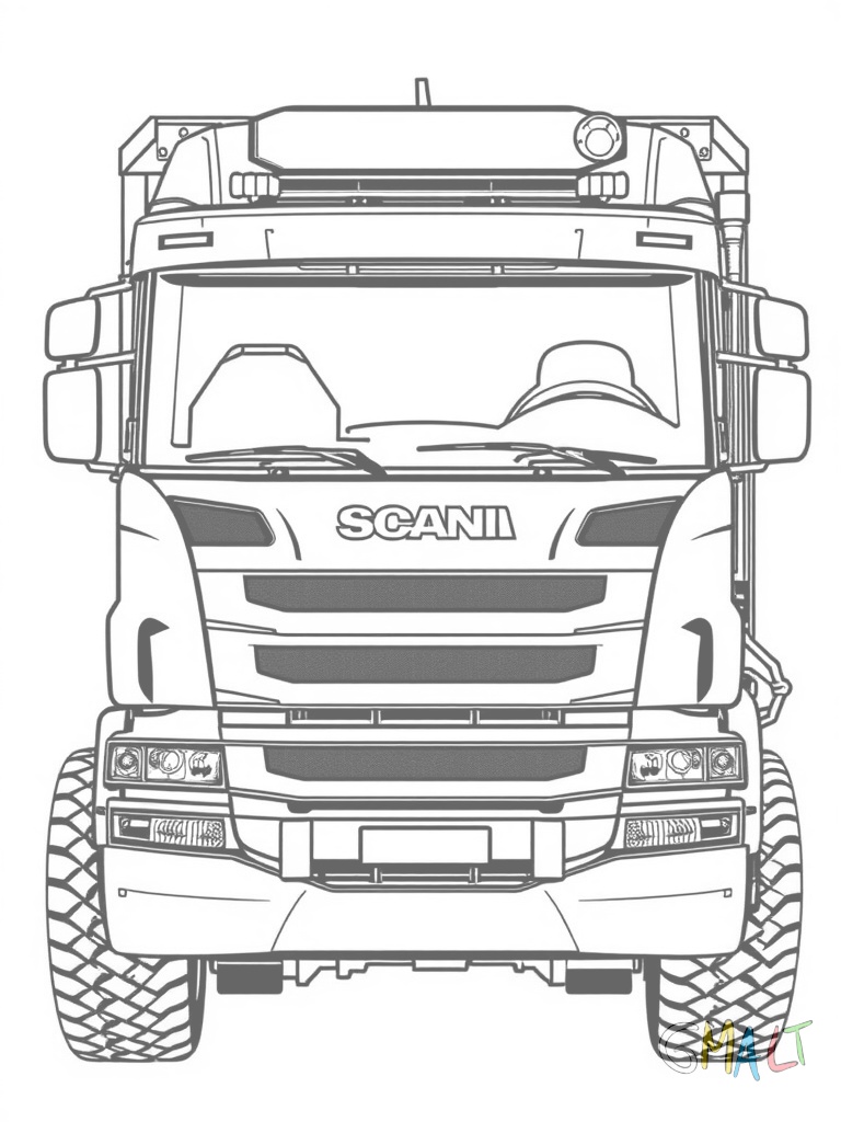 Ein Scania Kipper in Frontansicht. Die breite Frontscheibe und der mächtige Kühlergrill dominieren das Bild. Der Kipperaufbau ist in Arbeitsstellung nach oben gestellt. Große Reifen mit sichtbarem Profil.