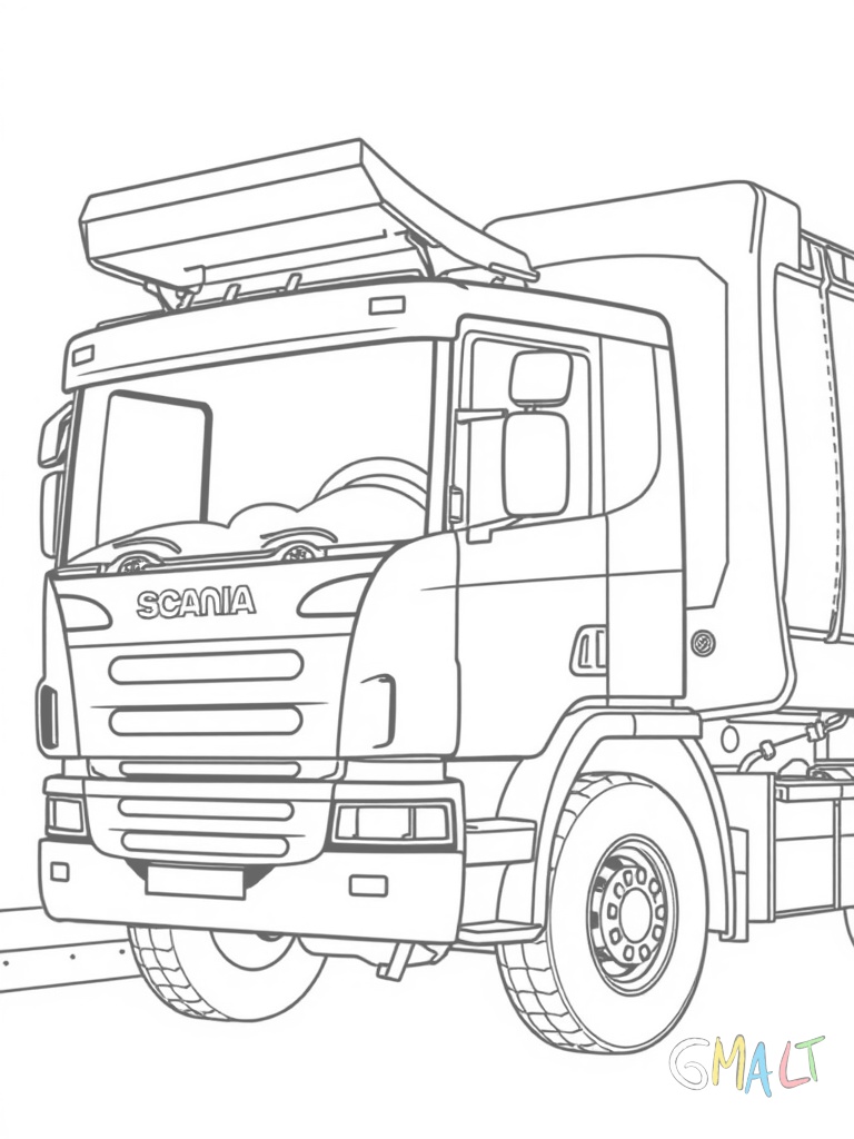 Ein Scania Müllwagen bei der Arbeit. Die Ladeklappe am Heck ist geöffnet. Der Pressmüllaufbau hat abgerundete Formen. Große Räder und deutlich sichtbare Kotflügel prägen das Fahrzeug von der Seite.