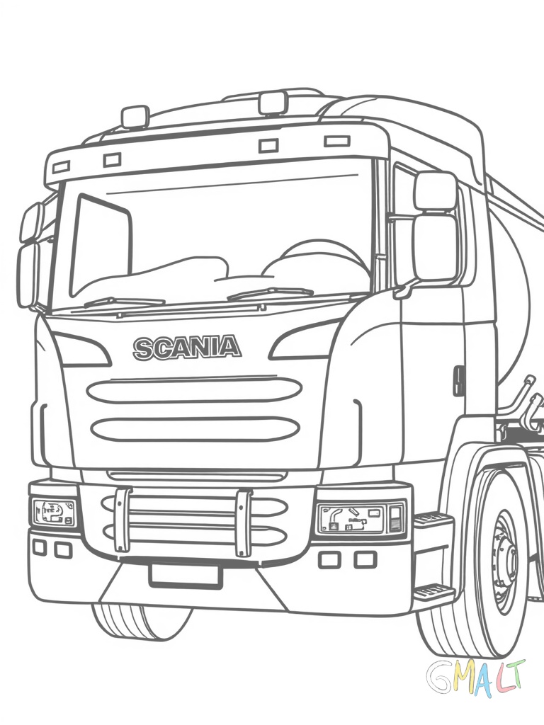 Ein Scania Tanklastwagen von schräg vorne. Der aerodynamische Führerstand hat abgerundete Kanten. Der zylindrische Tank ist mit Halterungen am Fahrgestell befestigt. Deutlich sichtbare Einstiegsstufen.