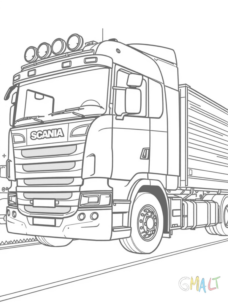 Ein großer Scania Sattelzug von der Seite. Der rote Führerstand ist mit großen Scheiben und einer markanten Kühlerfront ausgestattet. Der lange silberne Auflieger hat seitliche Streifen. Die großen Räder sind deutlich zu sehen.