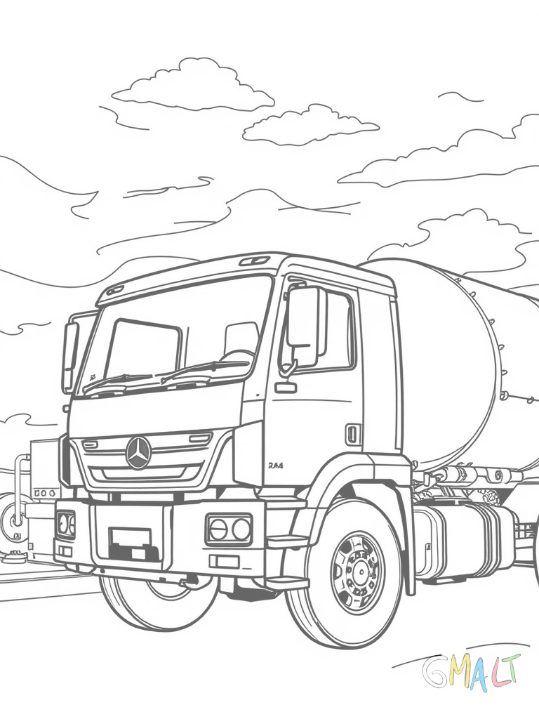 Ein Tanklastwagen mit zylindrischem Tank steht an einer Tankstelle. Der Fahrer steht daneben und hält einen großen Tankschlauch in der Hand.