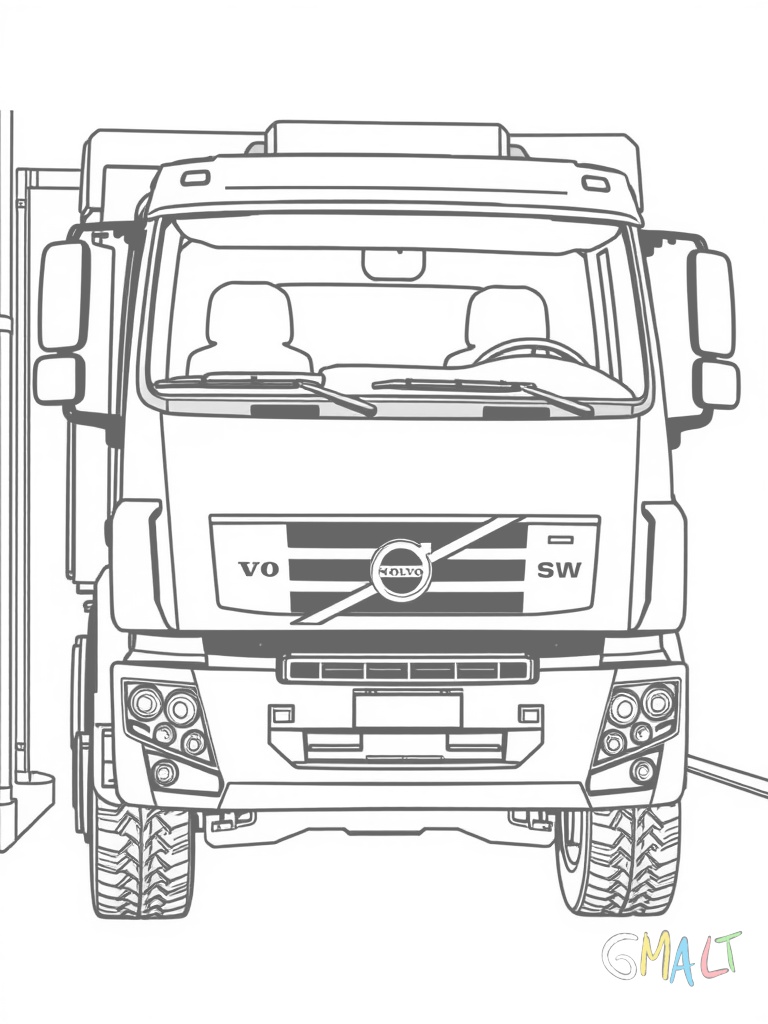 Ein Volvo Sattelschlepper steht an einer Laderampe. Die Hecktüren des Aufliegers sind geöffnet und eine kleine Verladerampe führt nach unten. Der LKW wird von vorne rechts gezeigt mit gut erkennbarer Front.