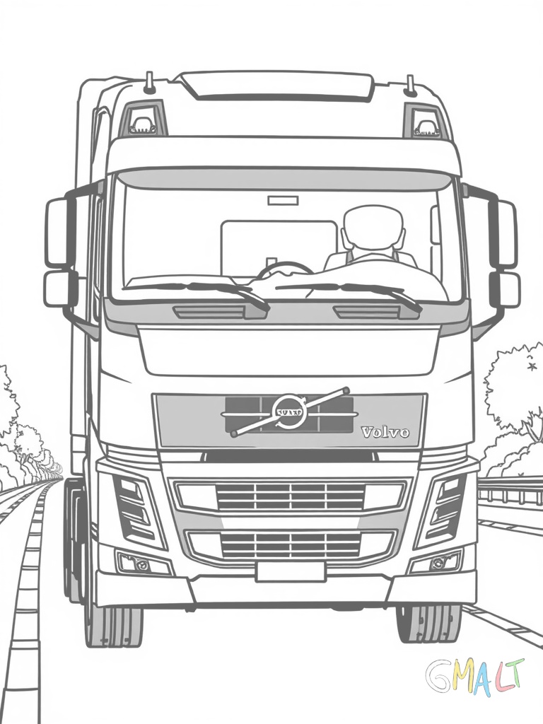 Ein moderner Volvo LKW auf der Straße von schräg vorne fotografiert. Die aerodynamische Form der Fahrerkabine ist gut zu erkennen. Die großen Außenspiegel und die charakteristische Frontgestaltung sind deutlich zu sehen.