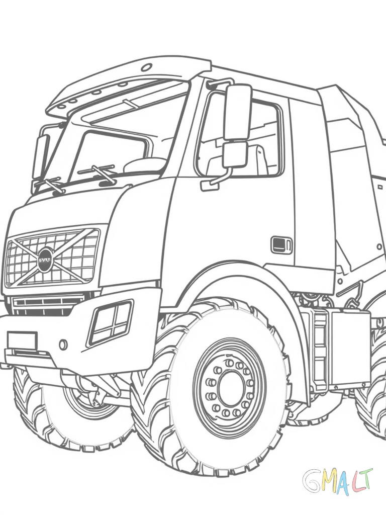 Ein Volvo Baustellenfahrzeug mit Kippmulde von der Seite. Die verstärkte Fahrerkabine sitzt erhöht. Die großen Geländereifen und der robuste Unterbau sind gut sichtbar. Die Kippmulde ist leicht angehoben.