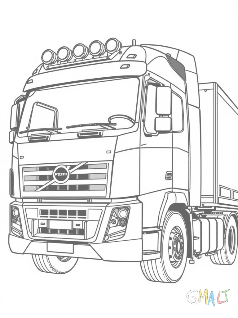 Ein roter Volvo LKW in Seitenansicht mit großer Fahrerkabine und langem Auflieger. Der Kühlergrill zeigt das markante Volvo-Logo. Die Räder sind gut sichtbar und die Scheinwerfer leuchten nach vorne.