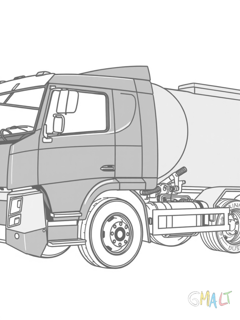 Ein Volvo Tanklastwagen mit zylindrischem Tankaufbau in Seitenansicht. Die Zugmaschine ist in blau lackiert der Tank in silber. Zwischen Führerhaus und Tank sind Versorgungsleitungen erkennbar.