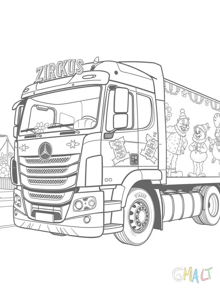 Ein Zirkus-LKW mit bunter Bemalung und Zirkusmotiven. Auf der Seite sind Clowns und Tiere abgebildet. Die Zugmaschine ist in leuchtenden Farben gestaltet.