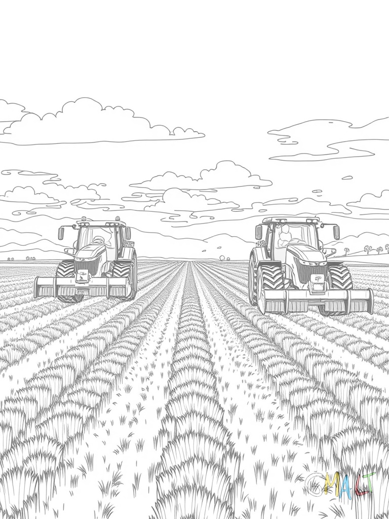 Zwei Mähdrescher arbeiten parallel auf einem großen Feld. Ihre Schneidwerke sind auf gleicher Höhe und sie fahren in die gleiche Richtung.
