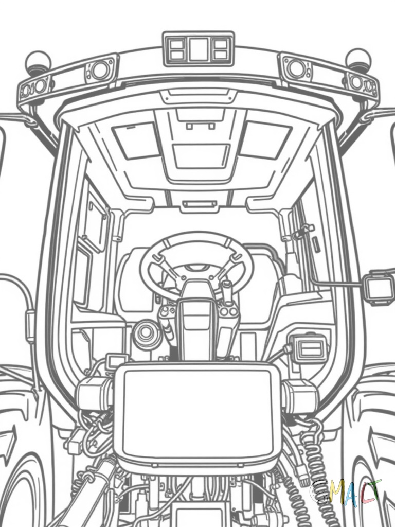 Detailansicht der Fahrerkabine eines Mähdreschers mit großer Frontscheibe und Bedienkonsole. Eine Leiter führt nach oben.