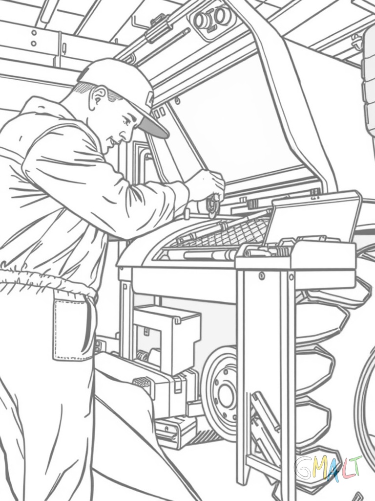 Ein Mähdrescher wird von einem Mechaniker gewartet. Die Serviceklappe ist geöffnet und eine Werkzeugkiste steht daneben.