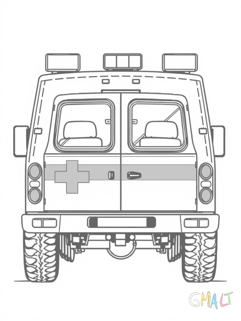 Eine Militär-Ambulanz mit rotem Kreuz auf weißem Grund an beiden Seiten. Der Krankenwagen hat große Räder und eine erhöhte Rückseite mit Doppeltüren.