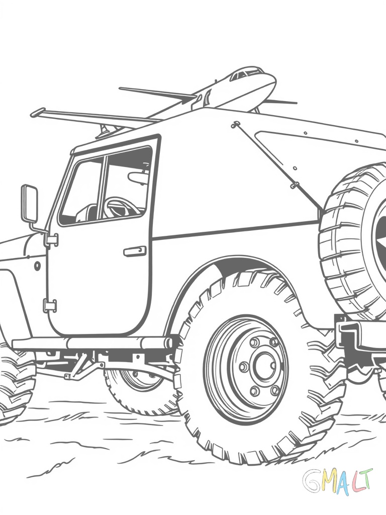Ein robuster Militärjeep von der Seite mit großen Geländereifen. Auf der Motorhaube ist ein weißer Stern zu sehen. Der Jeep hat eine Plane als Dach und einen Reservereifen an der Seite befestigt.