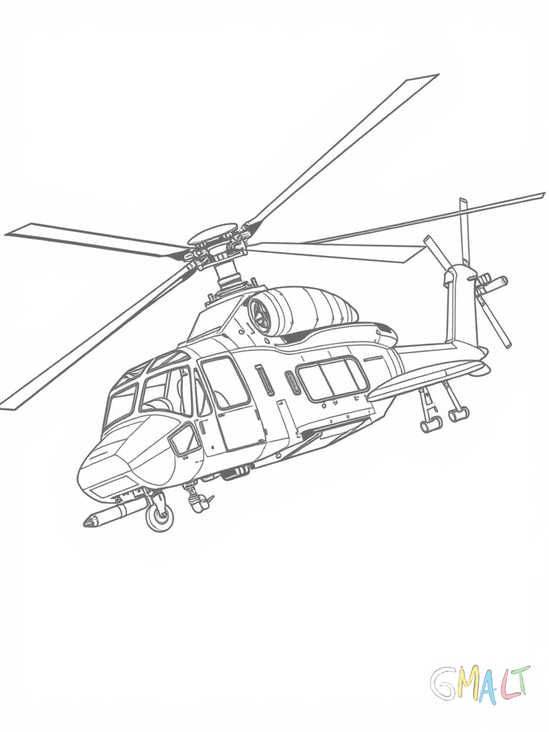 Ein Militärhubschrauber im Flug von der Seite. Die Rotorblätter drehen sich und an den Seiten sind Raketen befestigt. Das Cockpitfenster ist deutlich zu erkennen.