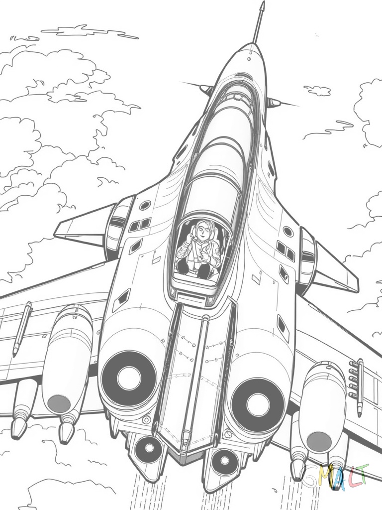 Ein Militärflugzeug im Landeanflug mit ausgefahrenem Fahrwerk. Die Tragflächen haben Raketen und Zusatztanks. Im Cockpit ist der Pilot zu erkennen.