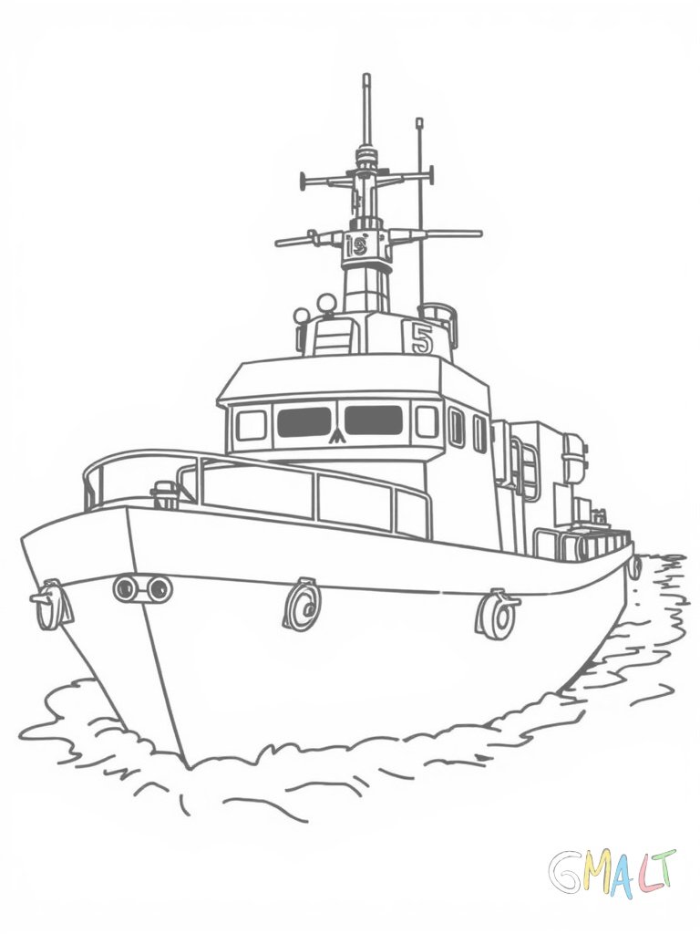 Ein Militärboot mit Geschützturm von der Seite. Am Bug ist eine Nummer zu sehen. Das Boot hat einen kleinen Ausguck und mehrere Bullaugen an der Seite.