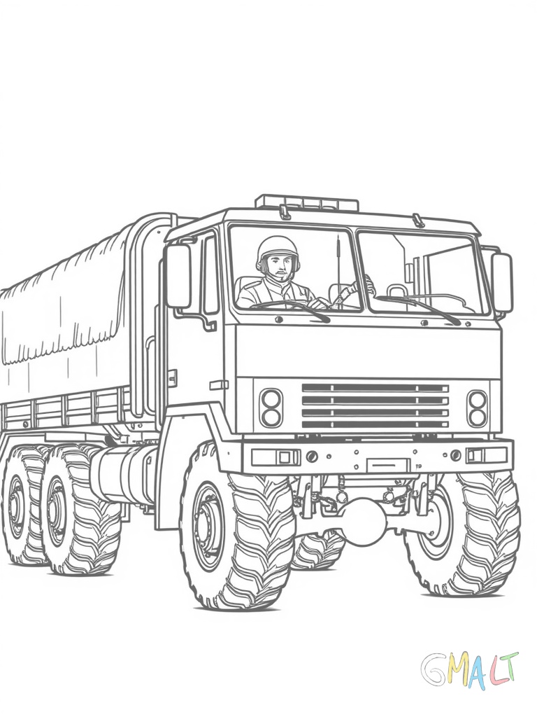 Ein schwerer Militärtransporter mit sechs Rädern von schräg vorne. Die Ladefläche ist mit einer grünen Plane bedeckt. In der Fahrerkabine sitzt ein Soldat mit Helm.