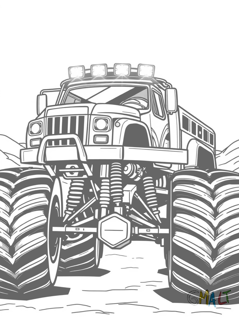 Ein Monstertruck fährt eine steile Rampe hinauf. Die Scheinwerfer leuchten hell und auf dem Dach sind zusätzliche Lampen montiert.