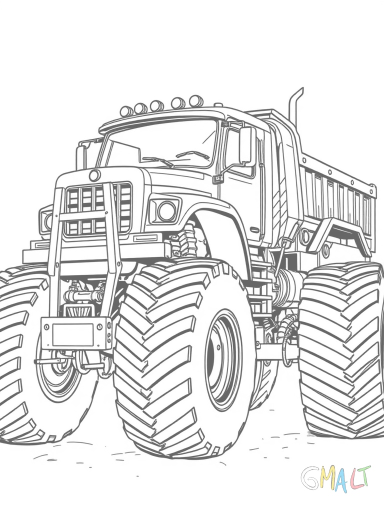 Ein Monstertruck zerquetscht alte Autowracks. Die gigantischen Räder sind halb so hoch wie der gesamte Truck. Vorne hat er einen Rammschutz mit Dornen.