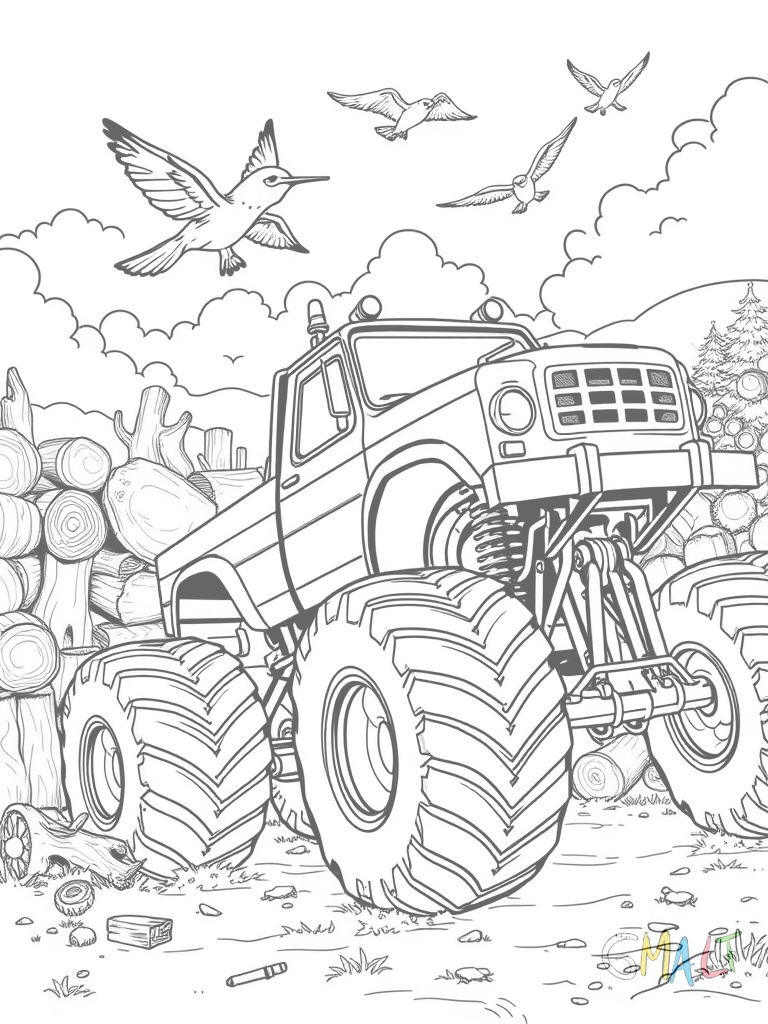 Ein Monstertruck durchbricht eine Wand aus Holzkisten. Holzsplitter fliegen durch die Luft.