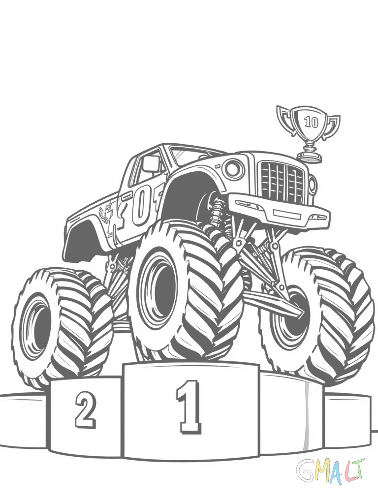 Ein Monstertruck steht auf einem Podium als Sieger. Er hat eine große Nummer 1 auf der Seite und eine Trophäe steht daneben.