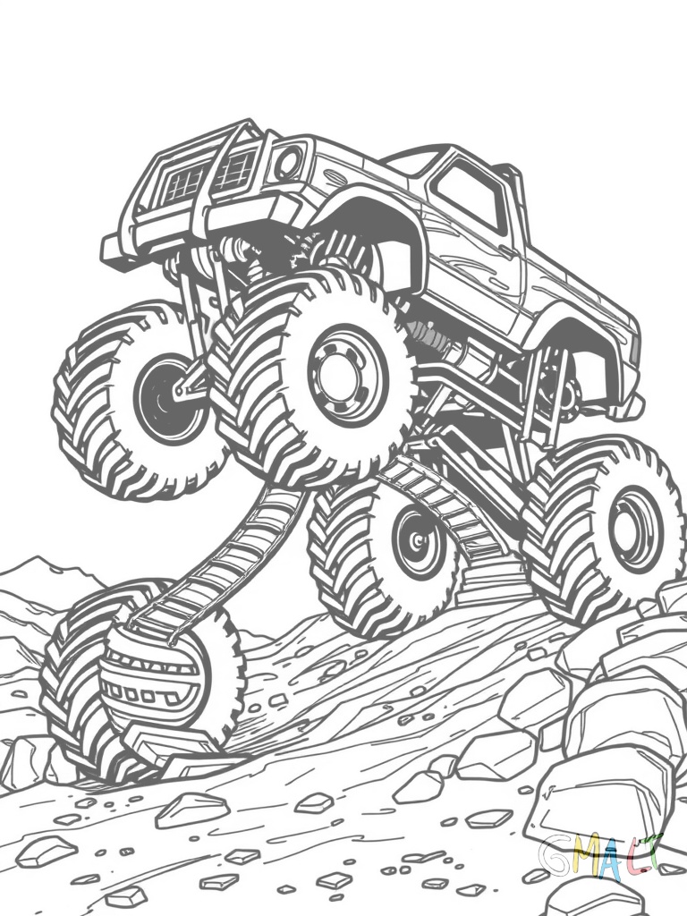 Ein Monstertruck mit Zacken auf dem Dach fährt eine Spiralrampe hinauf. Die Federung ist maximal eingefedert.