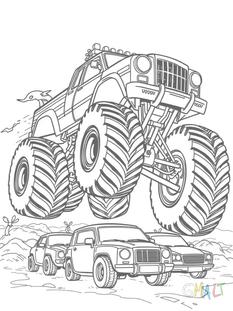 Ein riesiger Monstertruck mit überdimensionalen Rädern springt über drei kleinere Autos. Die Reifen haben ein markantes Profil und der Truck ist mit Flammenaufklebern verziert.