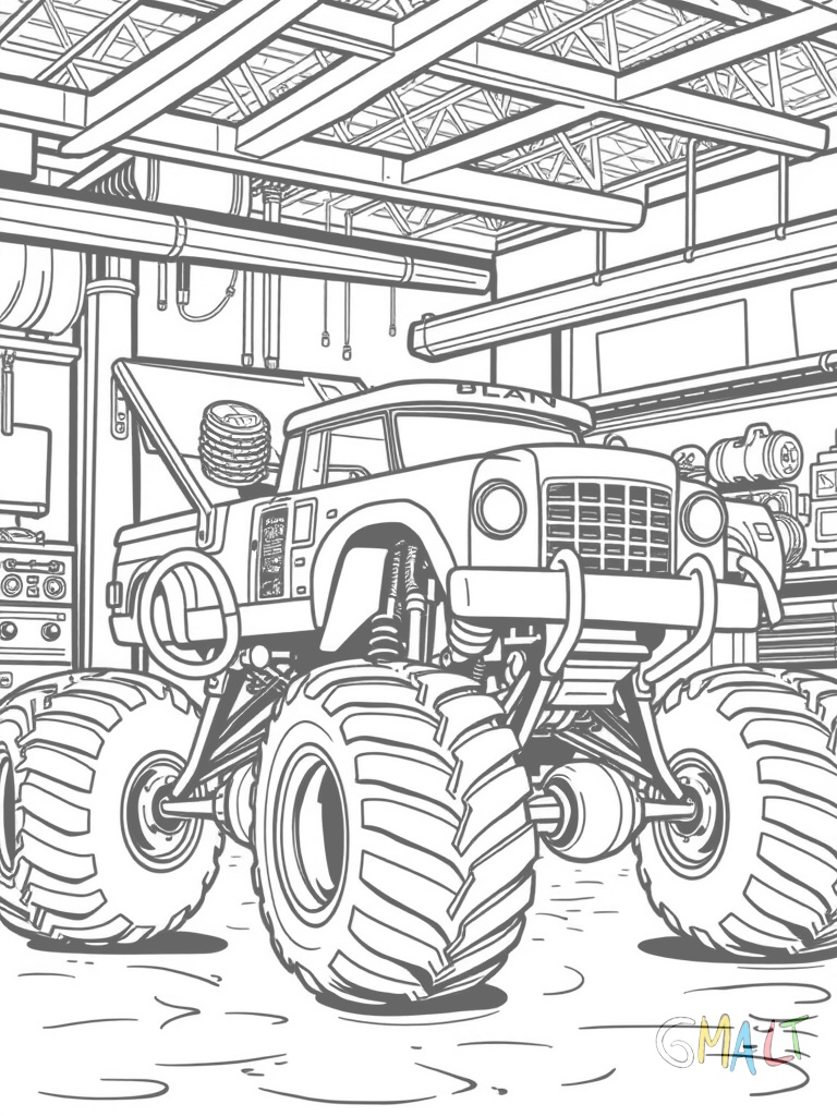 Ein Monstertruck steht in einer Werkstatt. Die Motorhaube ist geöffnet und zeigt den großen Motor mit Turbolader.