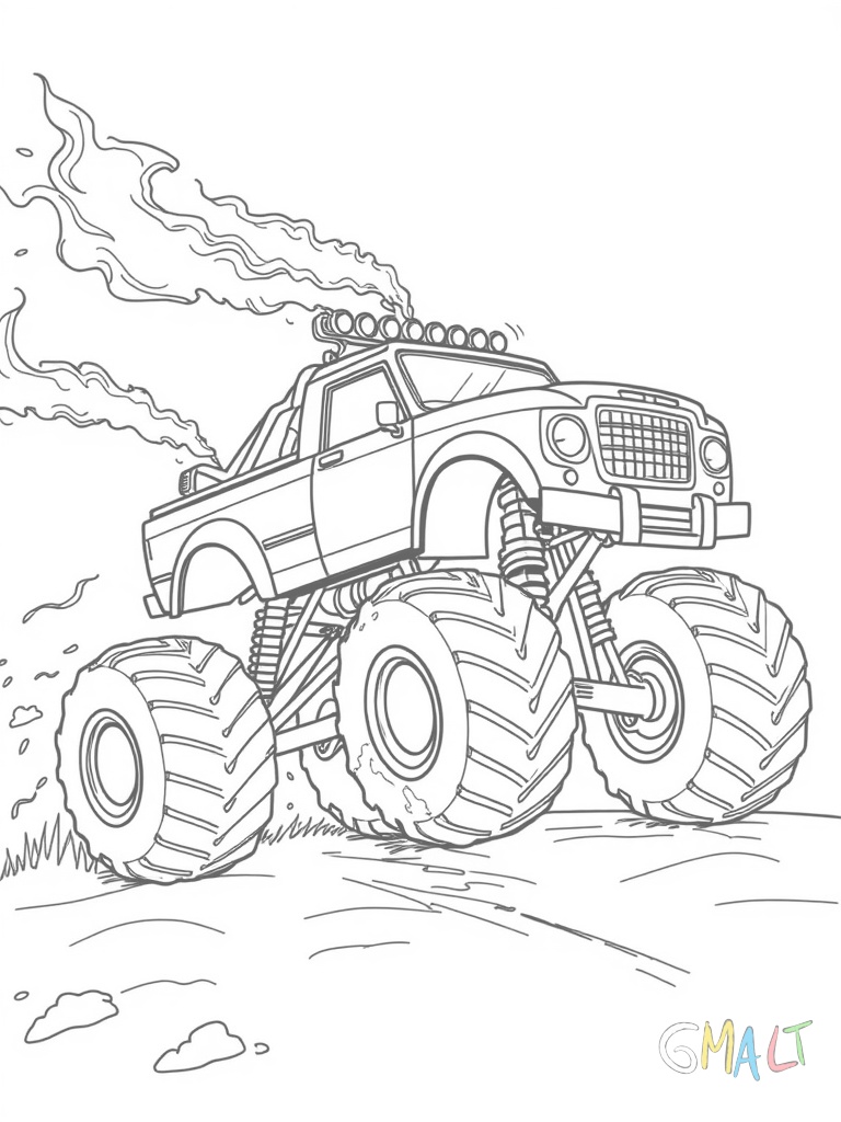 Ein Monstertruck macht einen Wheelie. Die Vorderräder sind in der Luft und aus dem Auspuff kommen Flammen.