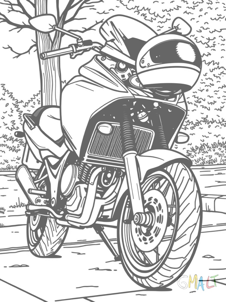 Ein parkendes Motorrad steht auf seinem Seitenständer. Der Lenker ist leicht eingeschlagen und der Helm hängt am Lenker.