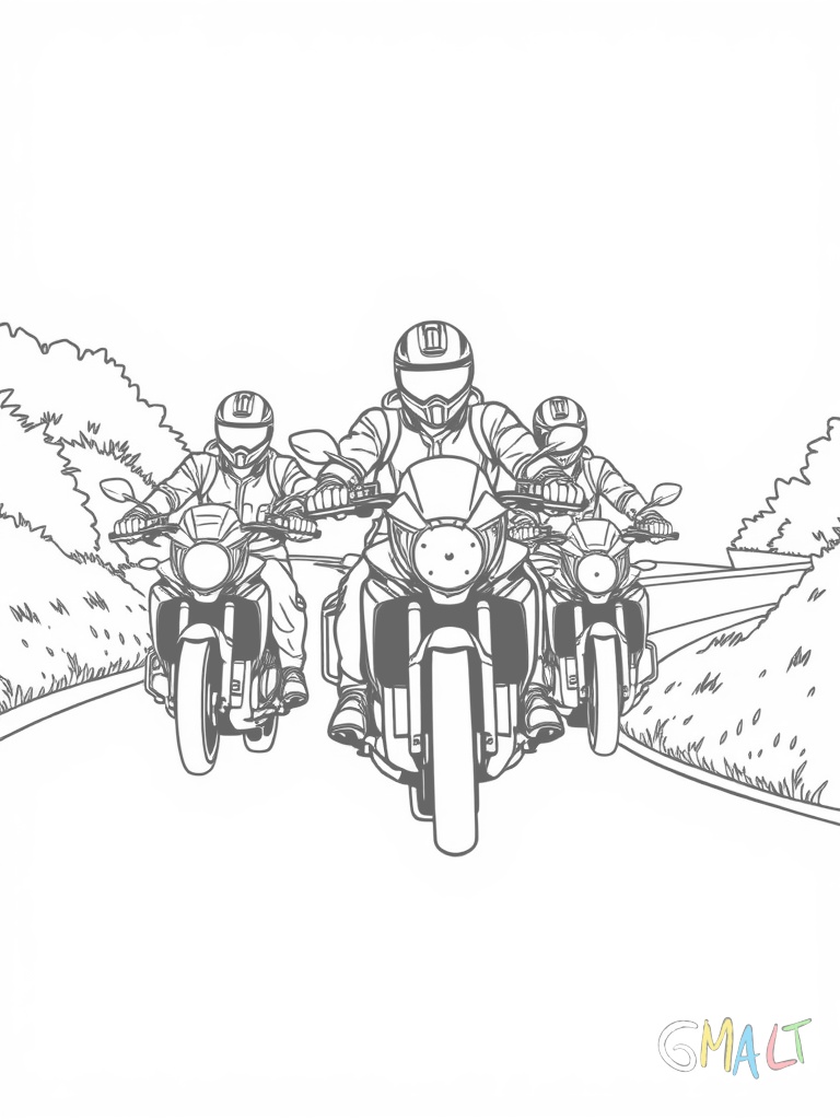 Eine Motorradgruppe mit drei Fahrern fährt hintereinander auf einer kurvigen Straße.
