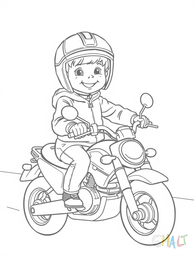 Ein Kind sitzt auf einem kleinen Kindermotorrad mit Stützrädern. Es trägt einen Helm und winkt fröhlich.