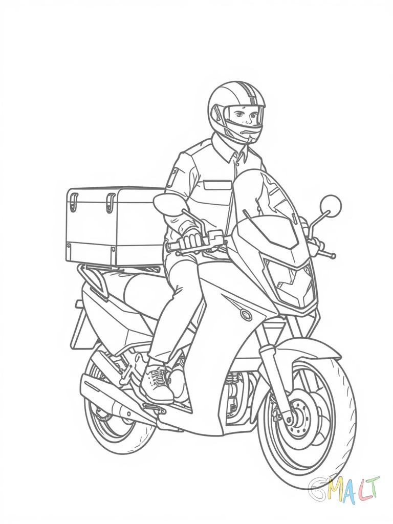 Ein Motorrad-Lieferbote mit großer viereckiger Lieferbox auf dem Gepäckträger. Der Fahrer trägt eine Firmenuniform.