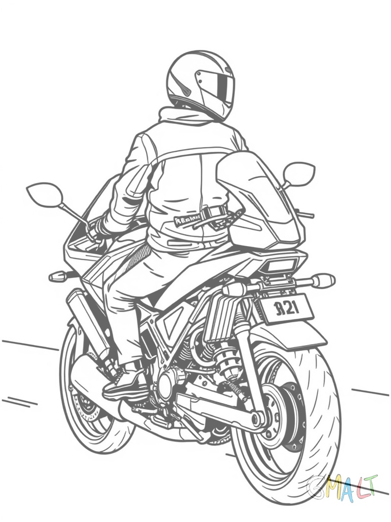 Ein Motorradfahrer mit Helm und Schutzkleidung sitzt aufrecht auf einem Straßenmotorrad. Das Motorrad wird von der Seite gezeigt mit deutlich sichtbaren Rädern Tank und Auspuff.