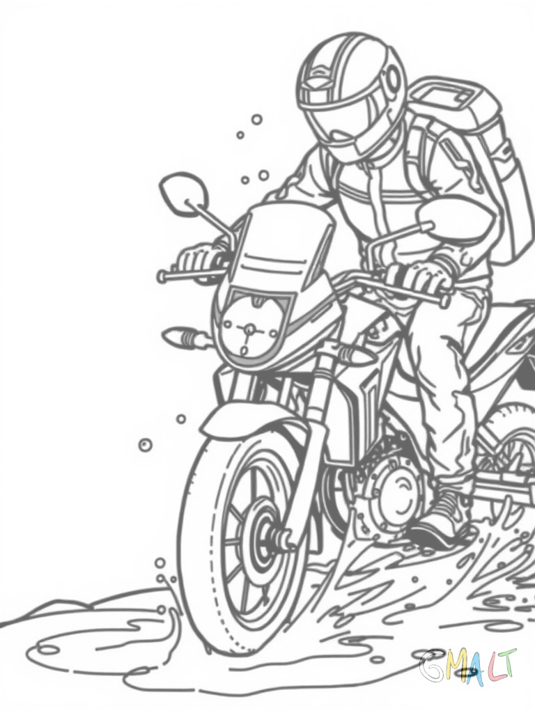Ein Motorradfahrer wäscht sein Motorrad mit einem Schwamm. Wassertropfen und Seifenschaum sind sichtbar.