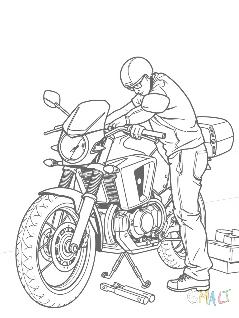 Ein Motorradmechaniker arbeitet an einem aufgebockten Motorrad. Er kniet daneben mit Werkzeug in der Hand.